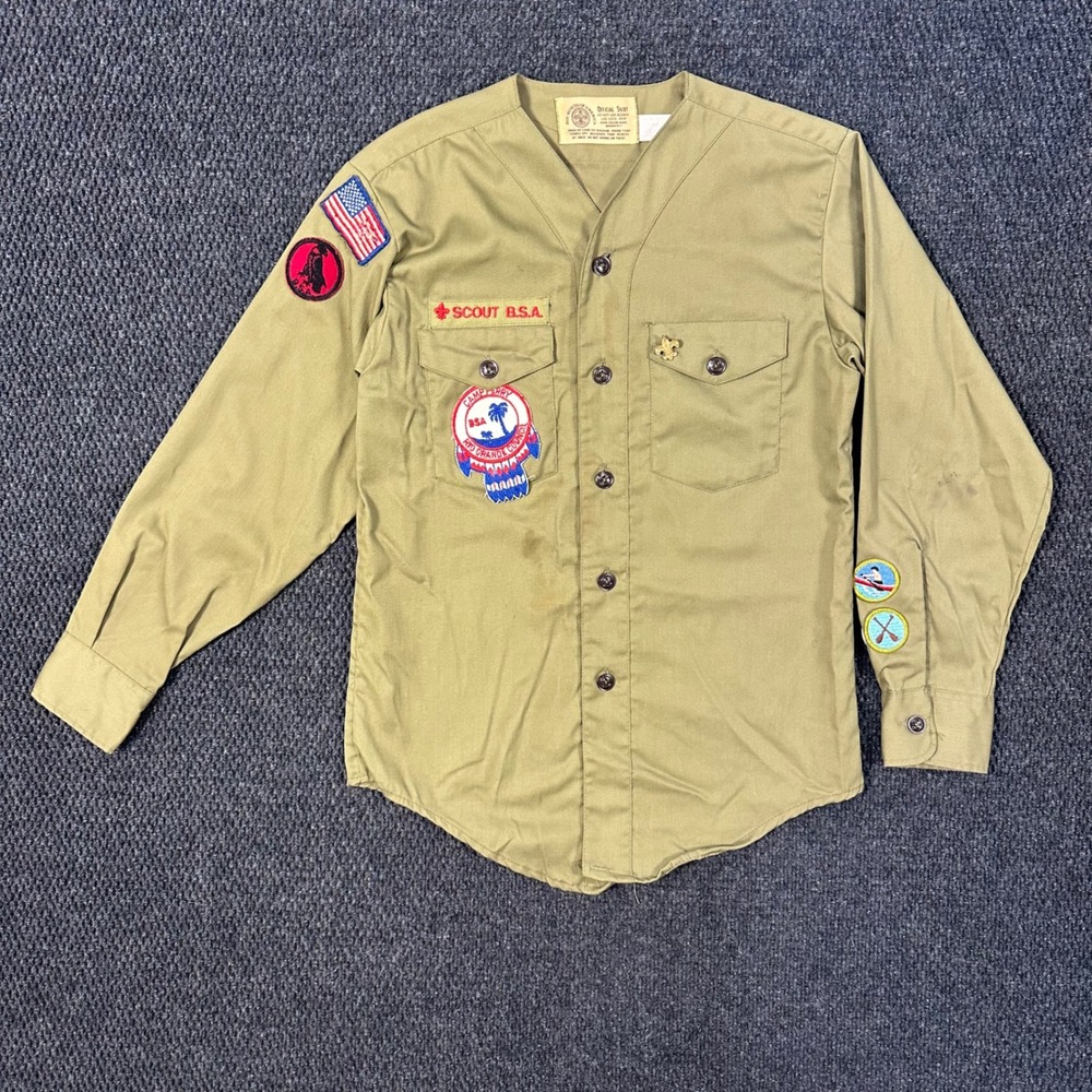 Vintage 70s Boy Scouts of America Uniform Shirt Kid 13 Green Patches Long Sleeve